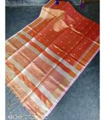 Coral Linen Thread Work Handloom Saree With Blouse