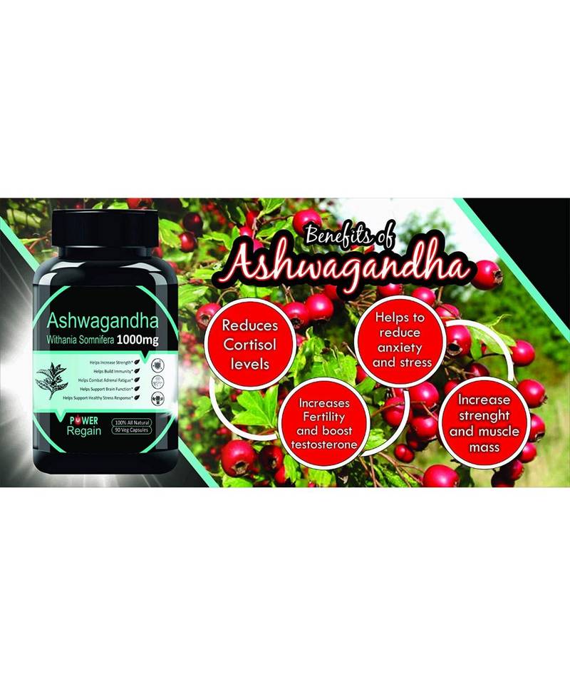 Power Regain -100% Natural Ashwagandha Root Extract 1000 mg - 90 veg Capsules