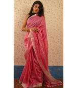 Pink Linen saree with blouse with zari checkered pattern
