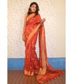 Red Linen saree with blouse with zari border and polka design