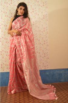 Pink Linen saree with blouse with zari checkered pattern