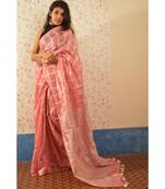 Pink Linen saree with blouse with zari checkered pattern