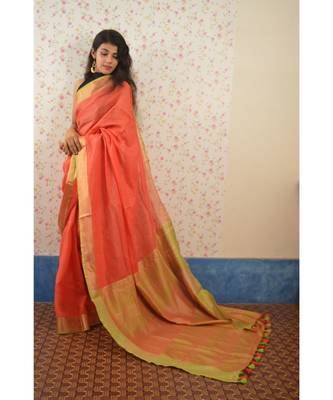 Orange Linen saree with blouse with zari border 2