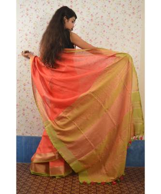 Orange Linen saree with blouse with zari border 3