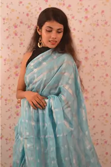 Blue Linen saree with blouse with zari checkered pattern