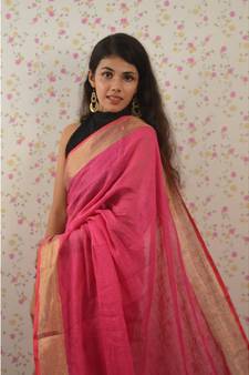 Pink Linen saree with blouse with zari border