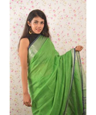 Green Linen saree with blouse with zari border 1