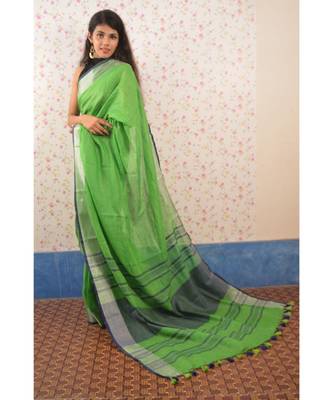 Green Linen saree with blouse with zari border 2