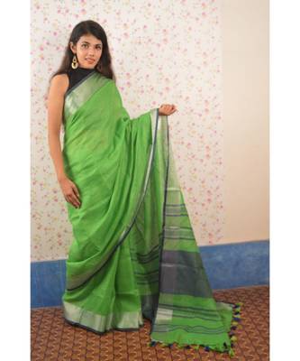 Green Linen saree with blouse with zari border 3
