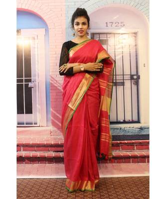Red Linen saree with blouse with zari border 1