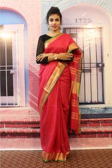 Red Linen saree with blouse with zari border