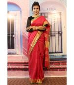 Red Linen saree with blouse with zari border