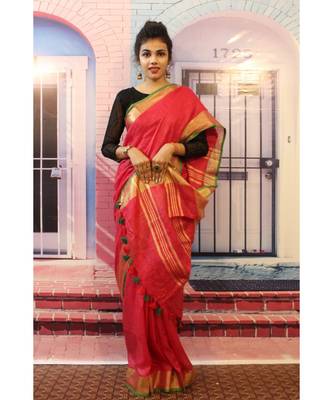 Red Linen saree with blouse with zari border 2