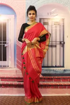Red Linen saree with blouse with zari border