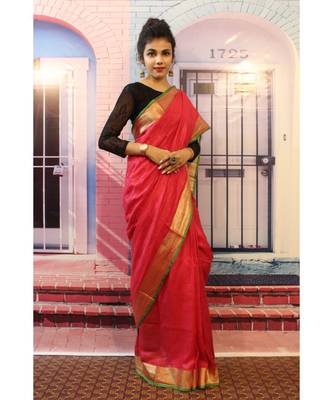 Red Linen saree with blouse with zari border 3