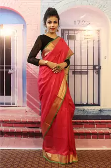Red Linen saree with blouse with zari border