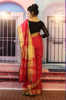 Red Linen saree with blouse with zari border