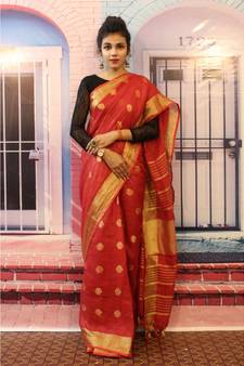 Red Linen saree with blouse with zari border and polka design