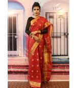 Red Linen saree with blouse with zari border and polka design