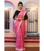 Pink Linen saree with blouse with zari checkered pattern