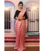 Pink Linen saree with blouse with zari checkered pattern