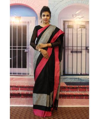 Black Linen saree with blouse with Grey and pink pattern 1