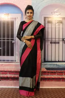 Black Linen saree with blouse with Grey and pink pattern