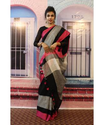 Black Linen saree with blouse with Grey and pink pattern 2