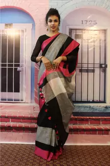 Black Linen saree with blouse with Grey and pink pattern