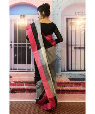 Black Linen saree with blouse with Grey and pink pattern 3