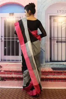 Black Linen saree with blouse with Grey and pink pattern
