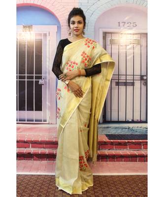 Light  creamish Golden Tissue Linen Embroidered saree with blouse 1