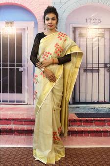 Light  creamish Golden Tissue Linen Embroidered saree with blouse