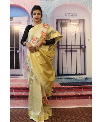Light  creamish Golden Tissue Linen Embroidered saree with blouse 2