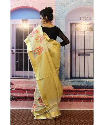 Light  creamish Golden Tissue Linen Embroidered saree with blouse 3