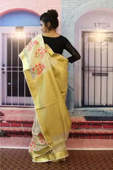 Light  creamish Golden Tissue Linen Embroidered saree with blouse
