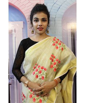 Light  creamish Golden Tissue Linen Embroidered saree with blouse 4