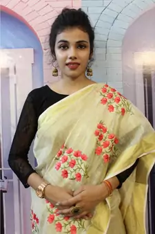 Light  creamish Golden Tissue Linen Embroidered saree with blouse