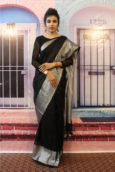 Black Linen saree with blouse with broad zari border