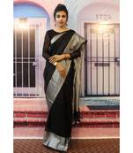 Black Linen saree with blouse with broad zari border