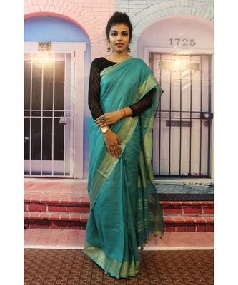 Blue Linen saree with blouse with zari border 1