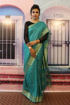 Blue Linen saree with blouse with zari border