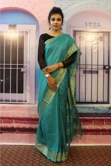 Blue Linen saree with blouse with zari border