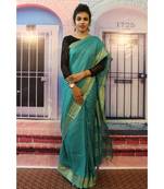 Blue Linen saree with blouse with zari border
