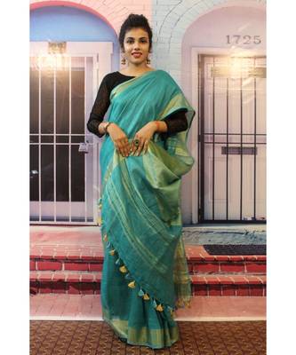 Blue Linen saree with blouse with zari border 2