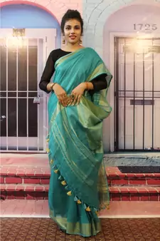 Blue Linen saree with blouse with zari border