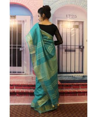 Blue Linen saree with blouse with zari border 3