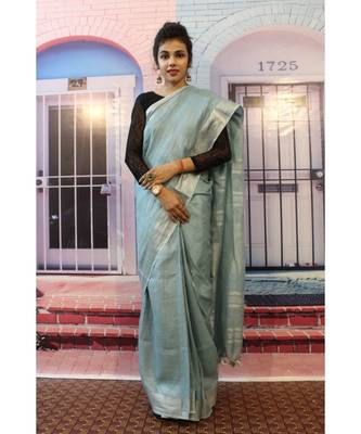 Pastel Blue Linen saree with blouse with zari border 1
