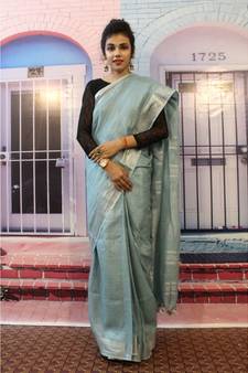 Pastel Blue Linen saree with blouse with zari border