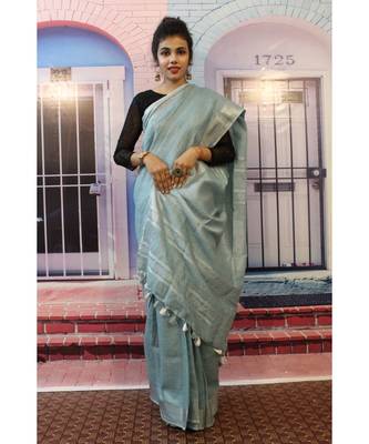 Pastel Blue Linen saree with blouse with zari border 2